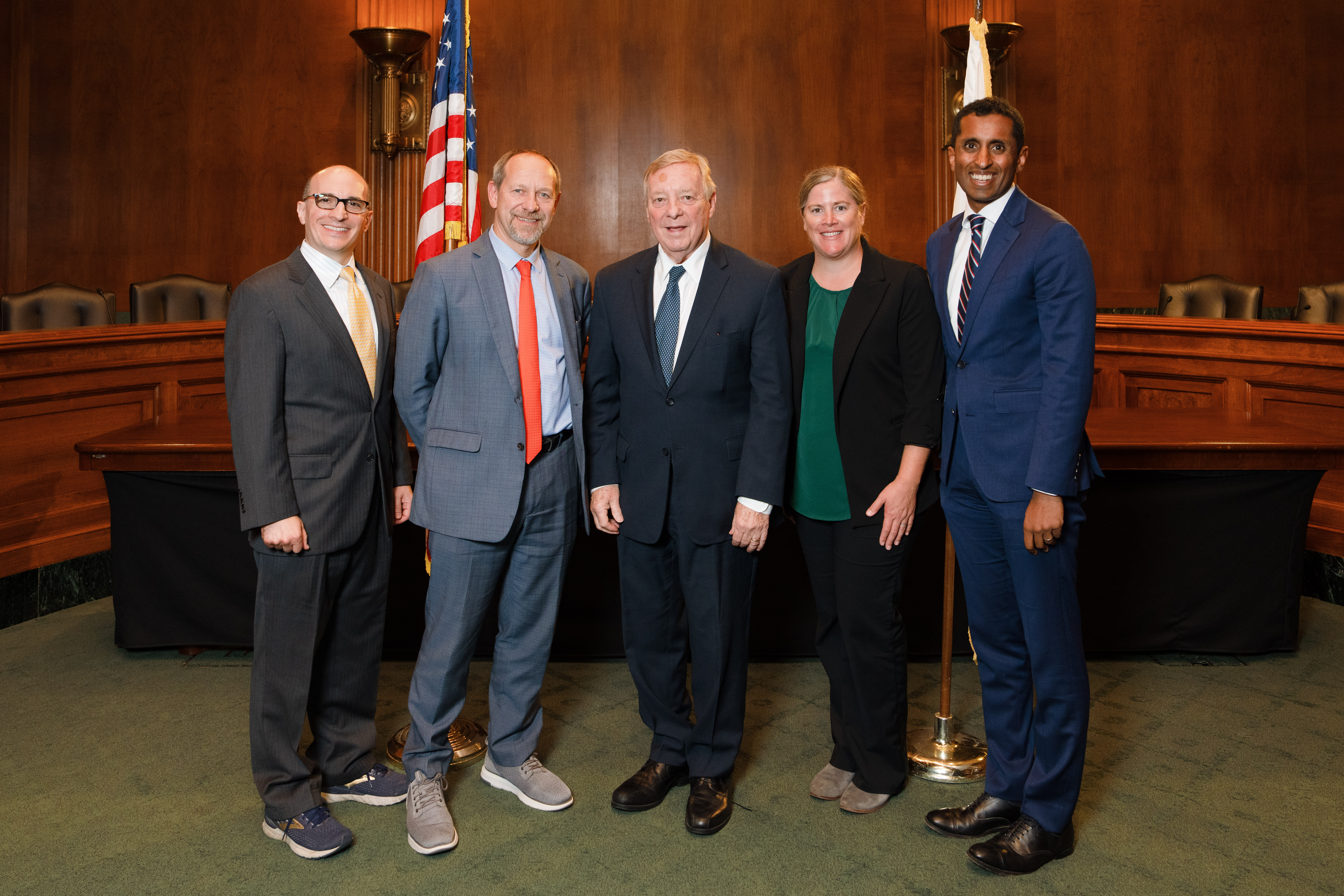 Daniel Goodman, MD; Pablo Celnik, MD, CEO, Shirley Ryan AbilityLab; U.S. Sen. Dick Durbin of Illinois; Leslie Rydberg, MD; and Prakash Jayabalan, MD, PhD.