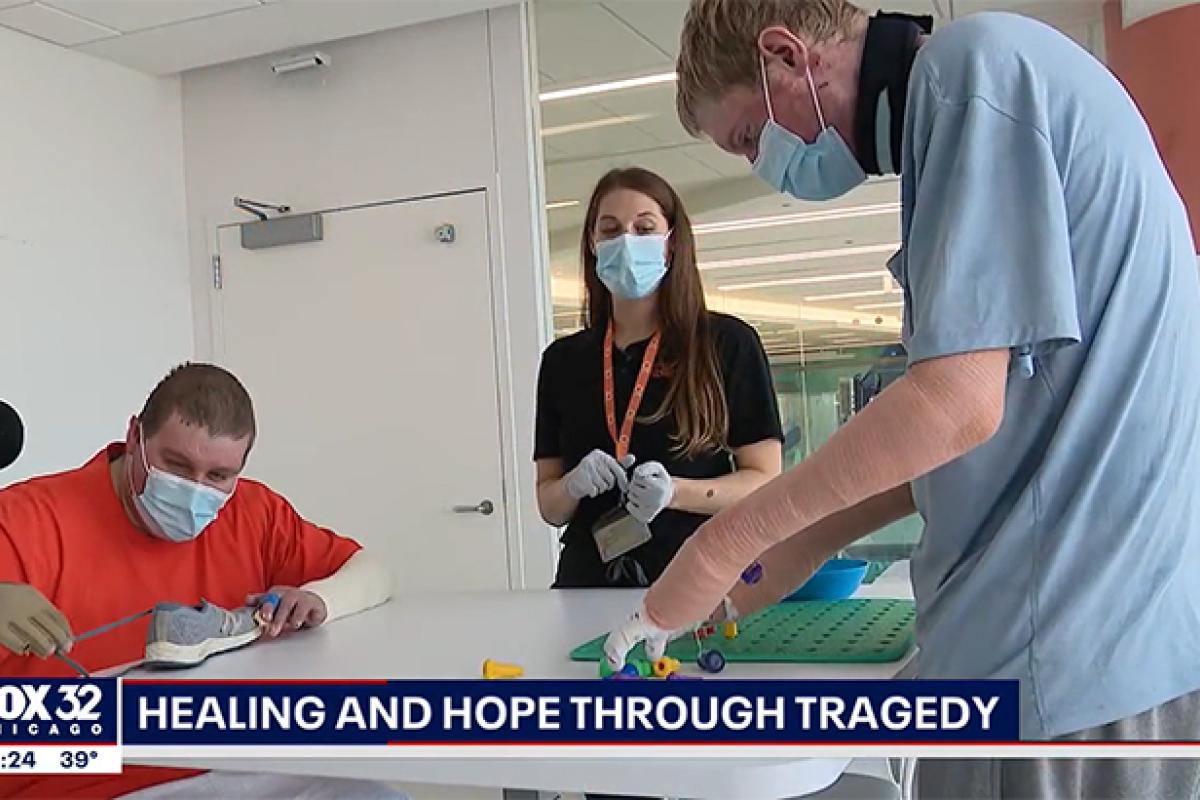 Still from FOX 32's report on friendship between two patients at Shirley Ryan AbilityLab