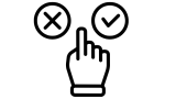 A black drawing of a hand on a white background pointing between two options an x and a check mark